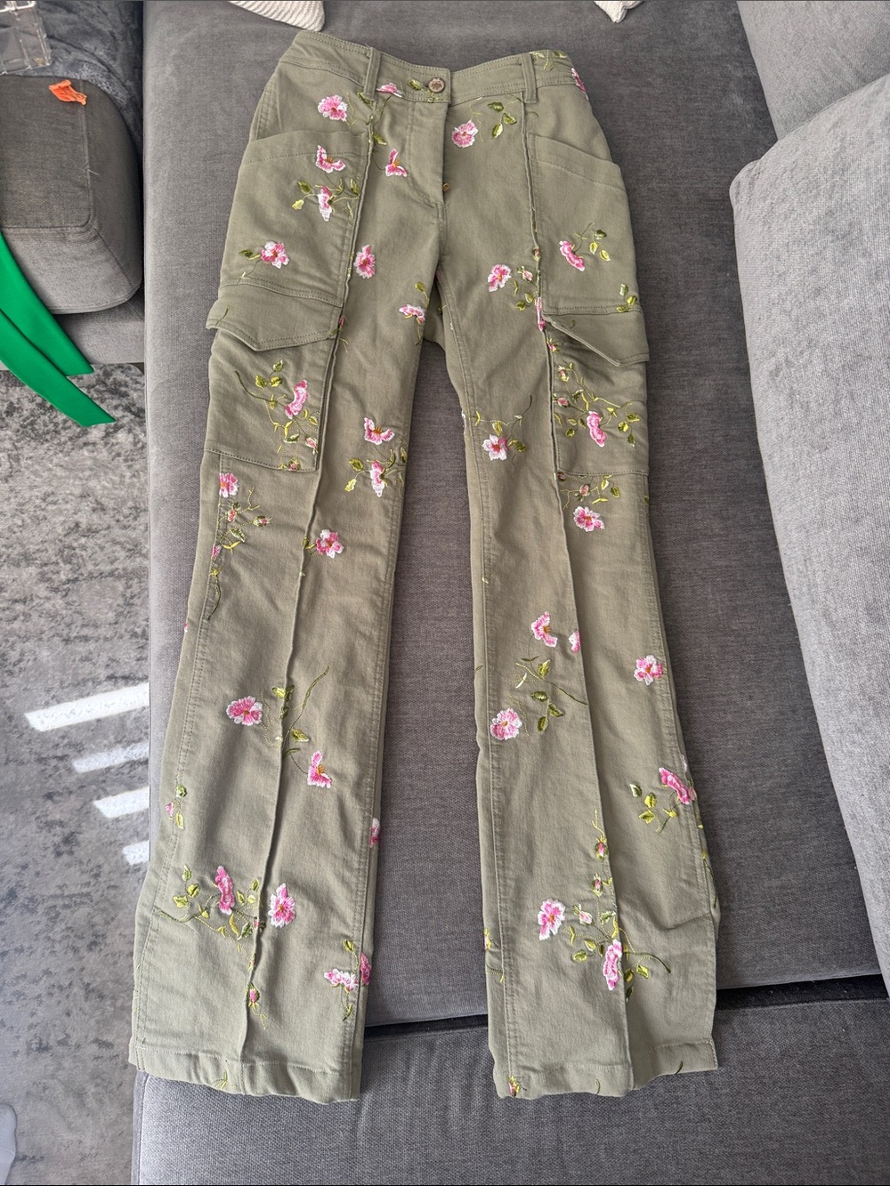 LoveShackFancy Olive Green Wide-Leg Cargo Pants with Pink Floral Embroidery